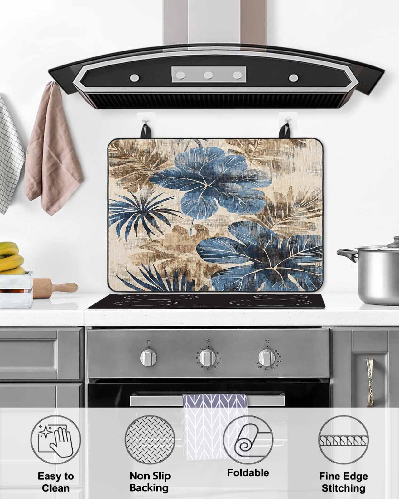 nqOlkjepod Large Induction Cooktop Protector Mat 36"x21", Blue Brown Botanical Stove Top Covers for Electric Stove, Summer Vintage Flowers Decorative Stove Burner Cover Mats, Glass Top Stove Cover