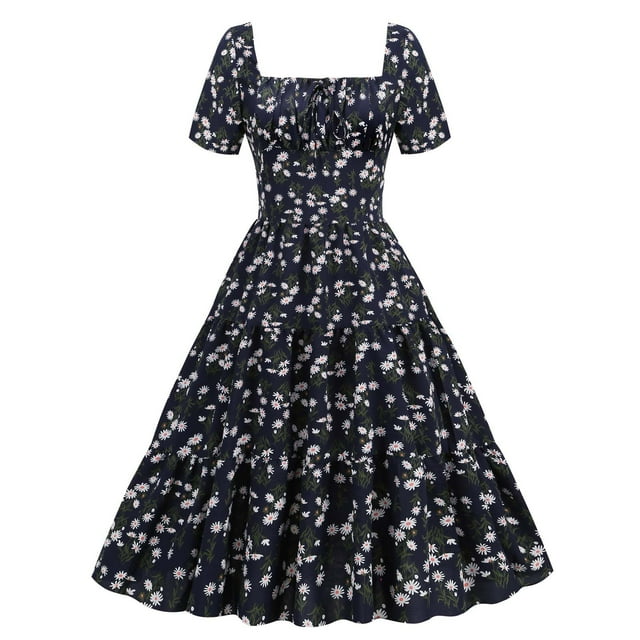 QUYUON Robes Maxi Ceinturées pour Femmes Été Décontracté une Épaule Manches Courtes Robe Formelle Imprimée Florale Soirée Plissée Ligne A Volants Longue Robe Plage Style D-4345 Bleu Foncé TTG