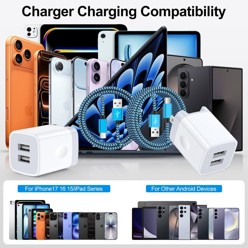 Foldable Plug Dual USB Port Wall Charger Block 2.4A with 6FT Type C Cable, Fast Phone Charger Station Compatible with iPhone 17/16/15 Pro Max, iPad Pro, Galaxy S26, Android, Blue