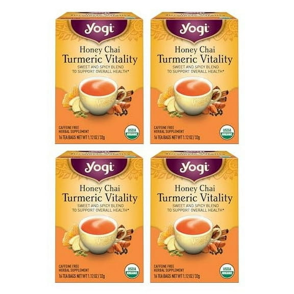 Tea Honey Chai Turmeric Vitality Tea - 16 Tea Bags Per Pack (4 Packs) - Organic Tea To Support Overall Health - Includes Cinnamon Bark, Turmeric Root, Cardamom Pod, Ginger Root & More