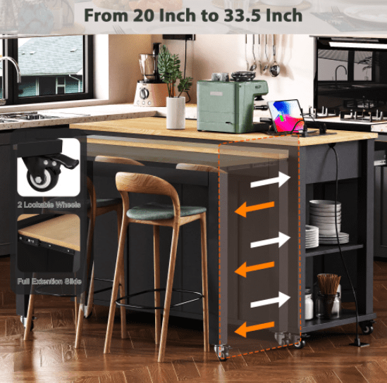 Euroco 47 inch Kitchen Island with Extendable Dining Table, Rubber Wood Veneer Kitchen Table with Internal Storage Rack