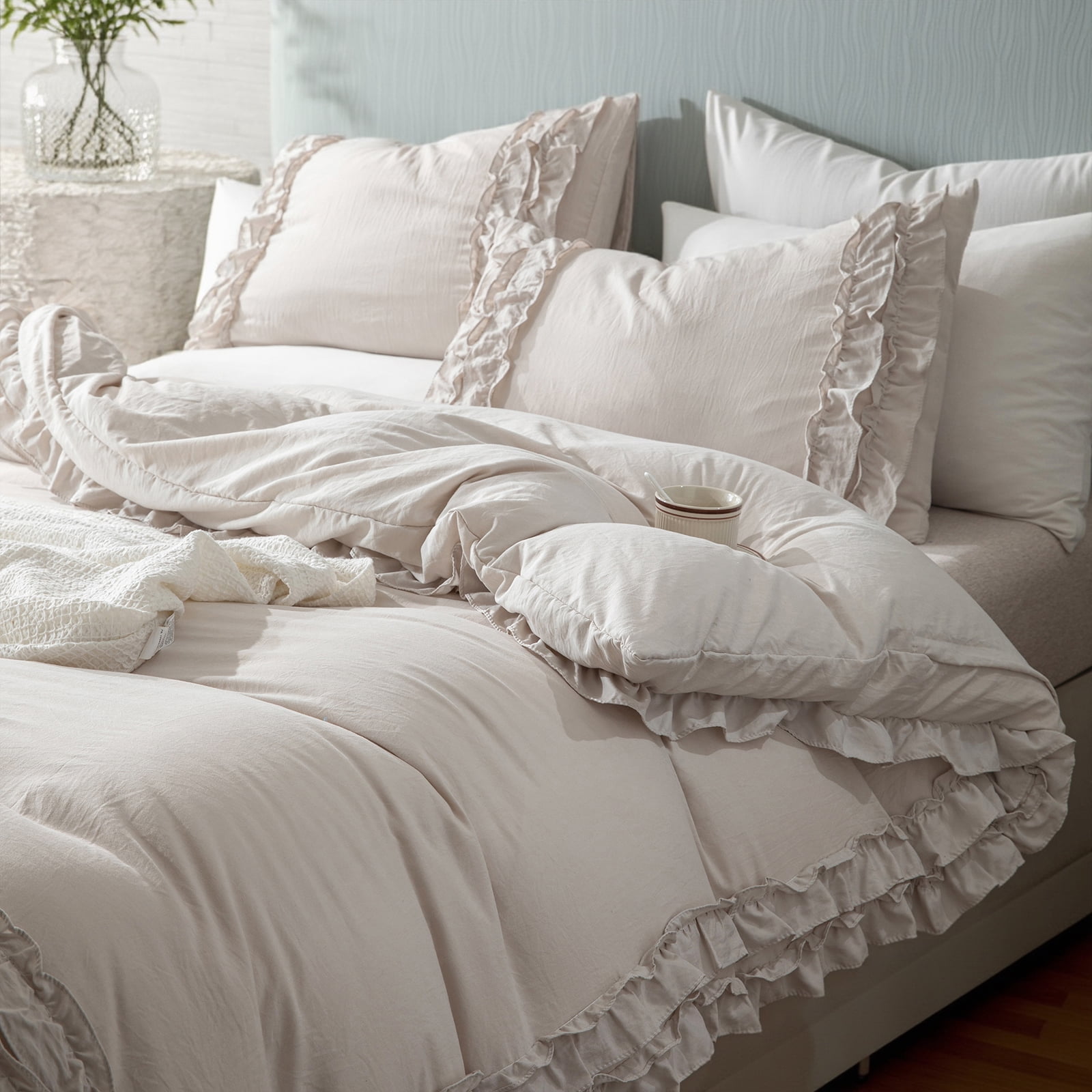 White Ruffle Duvet Cover Set Queen Size Shabby Chic Bedding Set Ruffled Farmhouse Pure White Comforter Cover Boho Duvet Cover Set