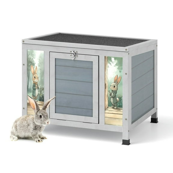 Resenkos Wooden Rabbit Hutch With Lock & Roof, Pet Home For Rabbits, Guinea Pigs, Cats, Chicks, Gray With Colorful Patterns