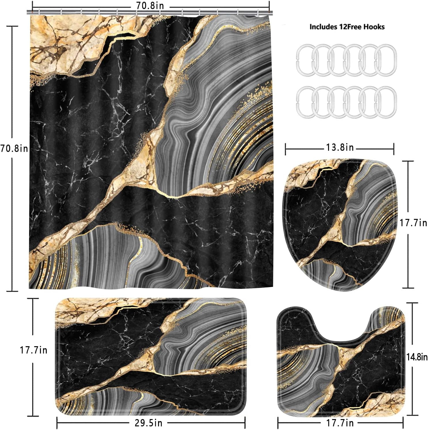 4 Pcs Black Marble Shower Curtain Sets with Rugs Gold Bathroom Sets with Shower Curtain and Rugs Modern Abstract Bathroom Decor Accessories Shower Curtains for Bathroom Toilet Lid Cover