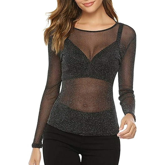 Outfmvch going out tops for women Slim Fit Tops Tight Shirts Crop Tops mesh top Womens Solid See Through Long Sleeve Arm Shaper Top Mesh Shirt Blouse Black L