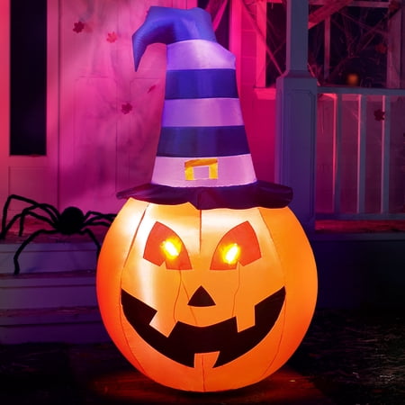 Joyfy 5 FT Halloween Inflatable Pumpkin with Witch Hat and Build-in LEDs,Blow up Halloween Decorations,Fall Inflatables Outdoor Decorations