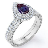 JeenMata Pave Dual Halo 1.75 Carat Teardrop Lab Created Alexandrite and Moissanite Victorian Style Bridal Ring Set in 18K White Gold Plating over Silver