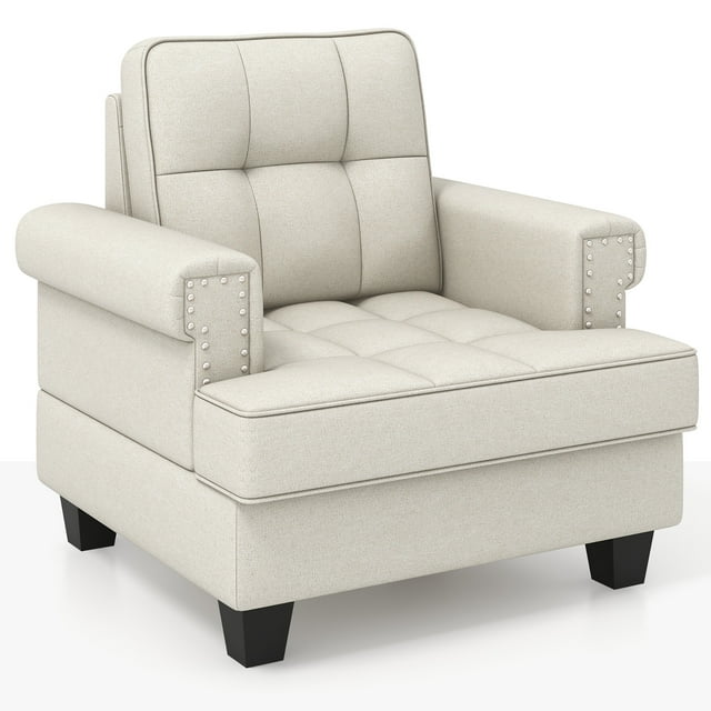 Gymax Fauteuil d'Appoint Moderne Mi-Siècle avec Coussin Épais et Oreiller, Chaise Cloutée Beige