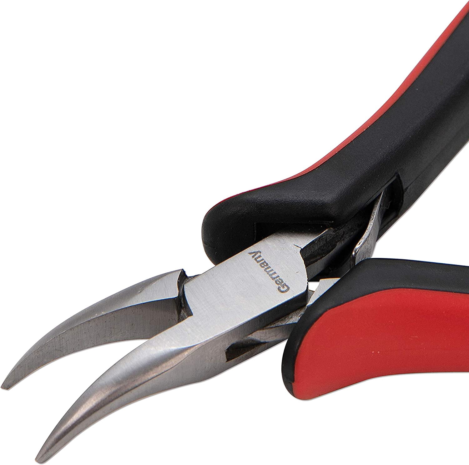 The Beadsmith Platinum Series German Bent Chain Nose Pliers, 4.75 inches (120mm) with Polished Steel Head, red and Black Ergonomic Comfort Grip Handle and Double-Leaf Spring, Tool for Jewelry Making