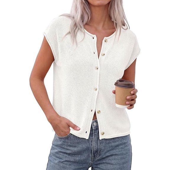 PRETTYGARDEN Womens Cap Short Sleeve Sweater Vest Spring Summer Lightweight Button Down Cardigans Trendy Loose Tops