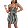 thumbnail image 1 of ZAXARRA Mode Femmes Plaid Dos Nu Bretelles Courtes Robe Fendue, 1 of 5