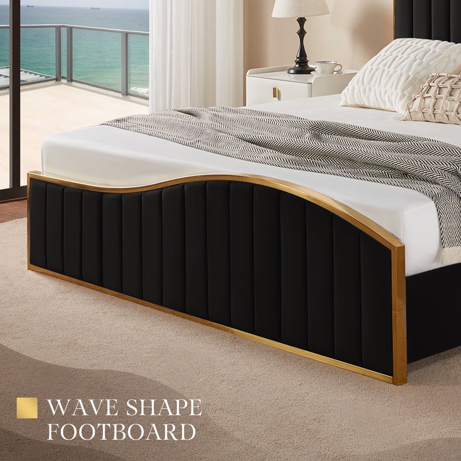 VanAcc Queen Size Platform Bed Frame 61.4" Vertical Channel Gold Trim Headboard Footboard Black