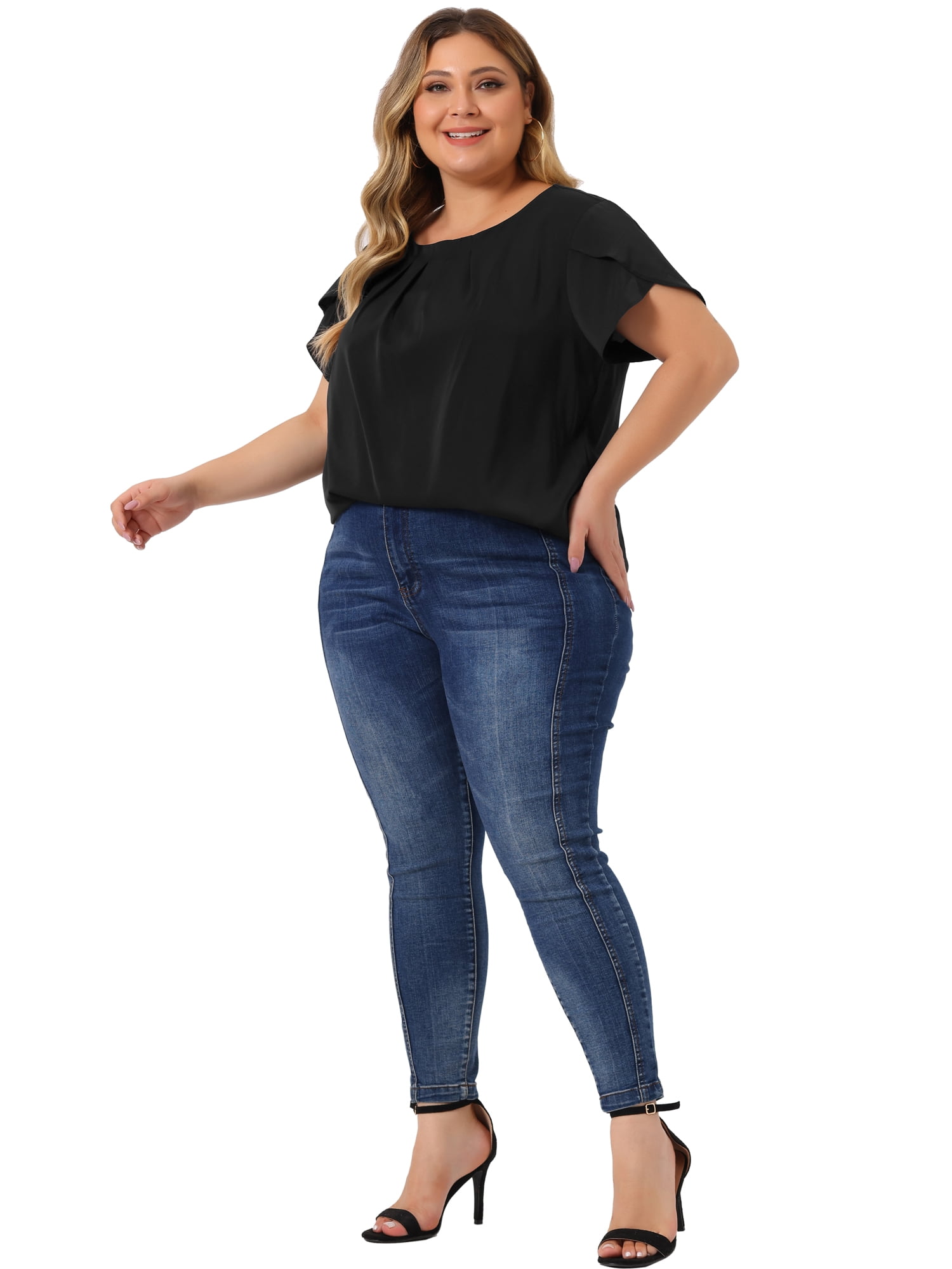 DARING DIVA Women's Plus Size Round Neck Pleated Tulip Sleeve Shirt Blouse 6X Black