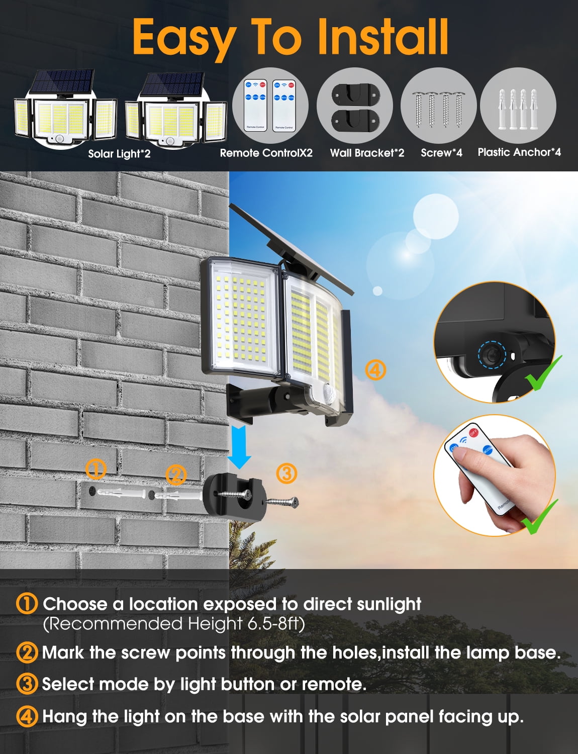 Qunler 6Pack 348 LED 3000LM Solar Motion Sensor Security Lights,Black