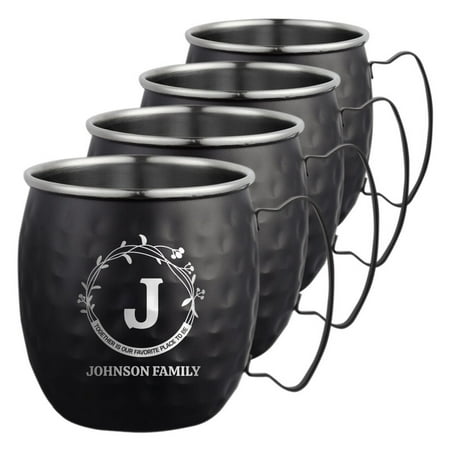 

PERSONALIZED Round Custom Family Name Classic Moscow Mule Mug with Engraved Design and Sturdy Handle Rolled Rim Hammered Black Finish 16 oz Set of 4 Together Initial Family