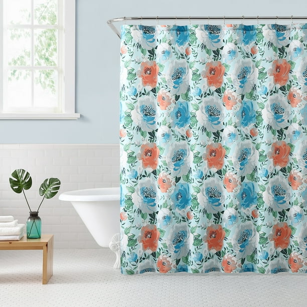 Freshee Fabric Shower Curtain with Intellifresh Technology, Teal Floral ...