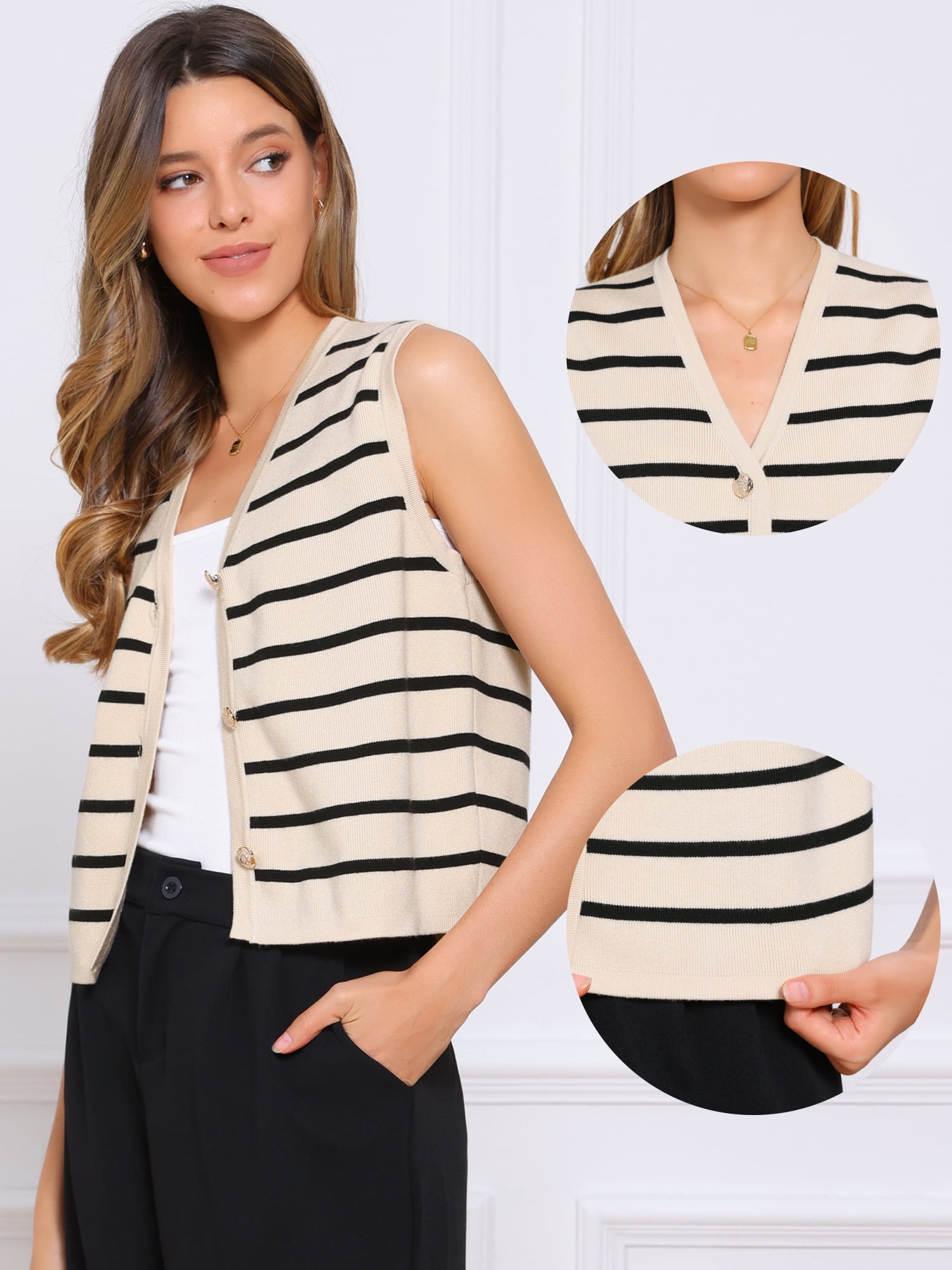 DARING DIVA Women's V Neck Button Front Cropped Knitted Striped Sweater Vests S Beige