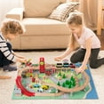 thumbnail image 2 of Gymax 94 PCS Wooden Train Set Table w/Reversible Tabletops 3 Storage Bins Tracks Cars, 2 of 10