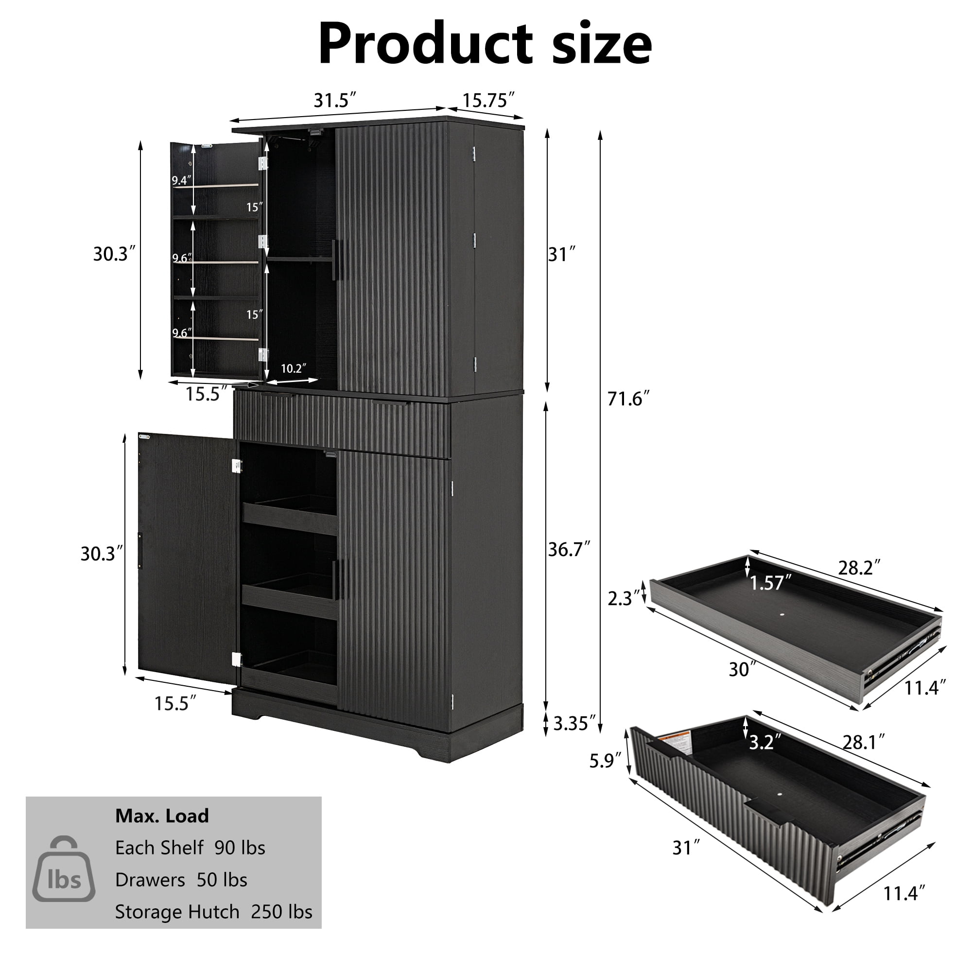 Mintazer 72" Fluted Freestanding Kitchen Pantry Storage Cabinet with 4 Door & Drawers, Large Storage Hutch with Spice Door Racks for Kitchen Dining Room Bathroom, Black