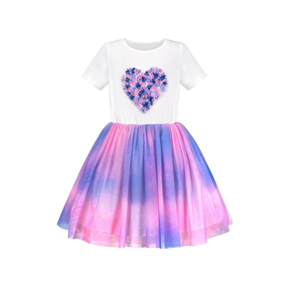Vestido de Niña Blanco Multicolor Tie Dye Corazón Plisado Tul Fiesta Casual 4 Años
