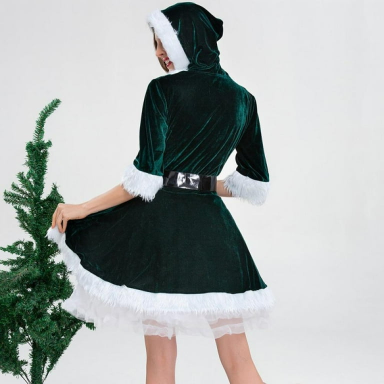 Santa Claus Costume for Women Christmas Velvet Hooded Dress with Belt Cosplay Christmas Dress Costume Walmart
