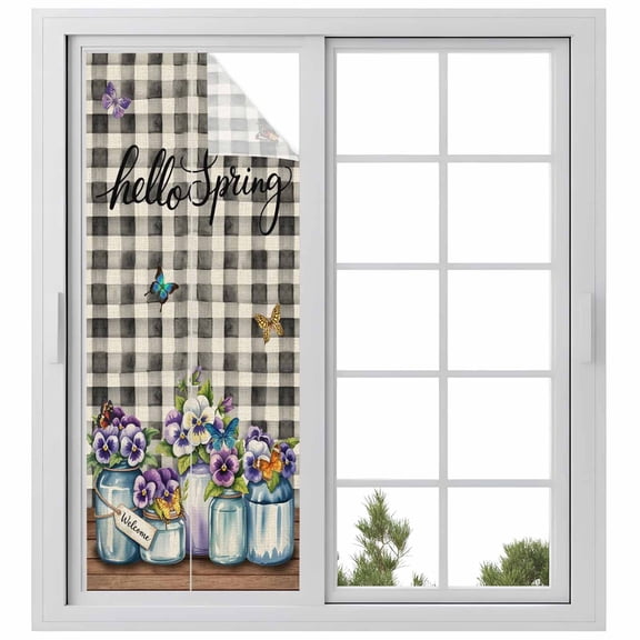 Window Privacy Film Hello Spring Stained Glass Window Film Decorative Sun Block Window Cover Pastoral Purple Bottle Floral Black White Plaid Window Clings Static Sticker for Bathroom 23.6"x59"