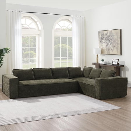 FFZ 129.5 inch Minimalist Modular Sectional Sofa, 6-Seater Chenille Couch, Green
