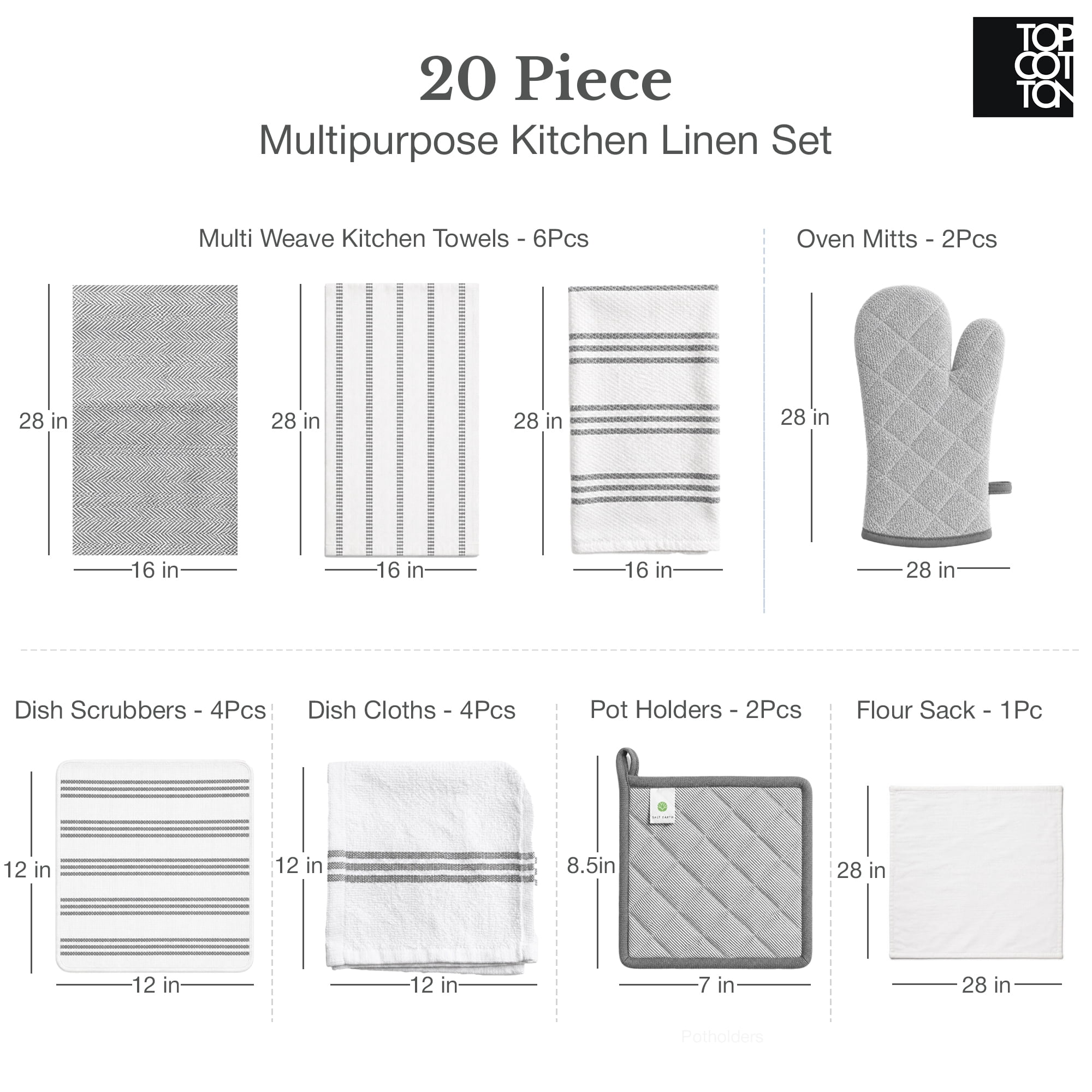 Top Cotton 20 Piece Kitchen Linen Set, Cotton Kitchen Towels, Dishcloths, Apron, Oven Mitts and Pot Holders (Ash Gray)