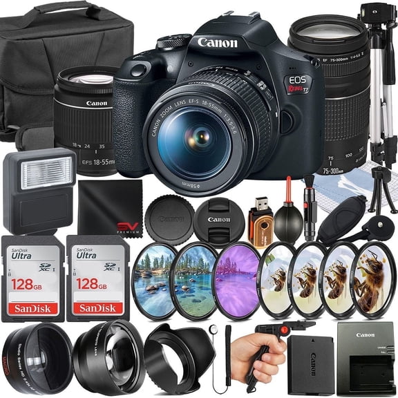 Canon EOS Rebel T7 DSLR Camera with 18-55mm   75-300mm Lens   2 Pack 128GB Memory Card   Case   Tripod   Telephoto   SV Premium Accessory Bundle (International Version)