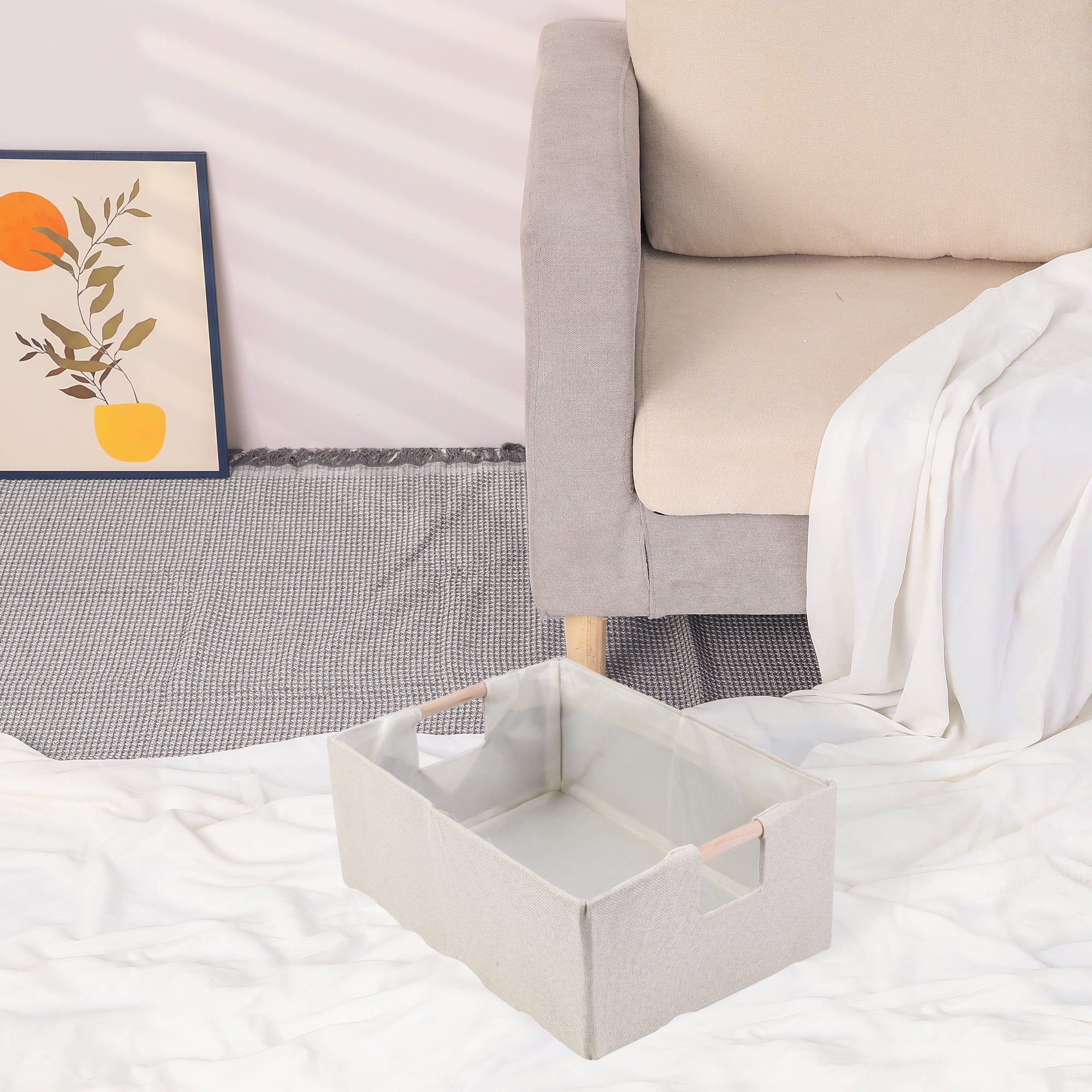 Unique Bargains Foldable Storage Basket with Wood Handles Beige 13.4*9.1*5.9