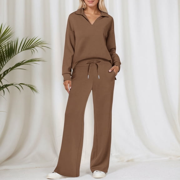 HOWPAY Womens Sets 2 Piece Outfits Solid Color Long Sleeve V Neck Pullover Tops Wide Leg Pants Lounge Sets Loose Fit Casual Y2K Tracksuits Brown L