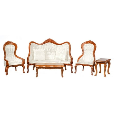 Dollhouse Miniature Victorian White Living Room Furniture Set Walnut Sofa