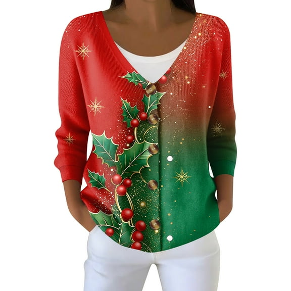 Women's Fashion Long Sleeve Christmas Snowman Snowflake Print Jacket Cardigan for Holiday Party and Casual Daily Wear,Green,2XL