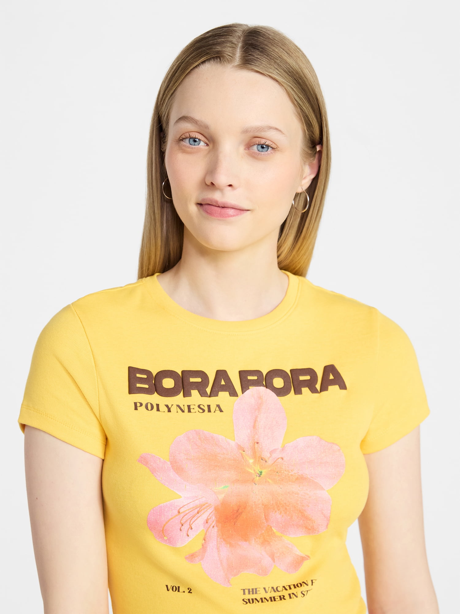 No Boundaries Ribbed Cotton Graphic Baby Tee with Short Sleeves, Women's XXS-XXL