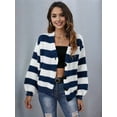 thumbnail image 3 of Women'S Winter Striped Cardigan Sweaters Long Sleeve Button Down Open Front Chunky Knit Oversized Sweater Coat Blue S, 3 of 8