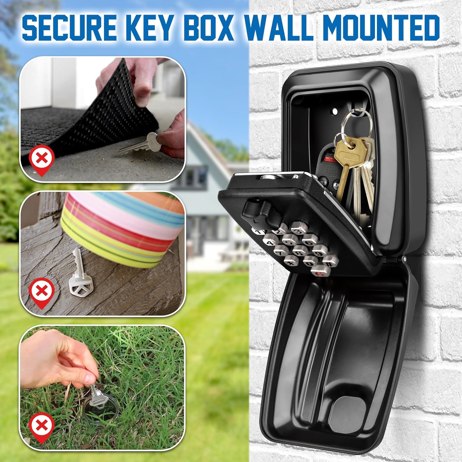 Wall Mounted Key Lock Box Waterproof 12 Digit Combination Security Lock with Weatherproof Cover for Home Garage Office