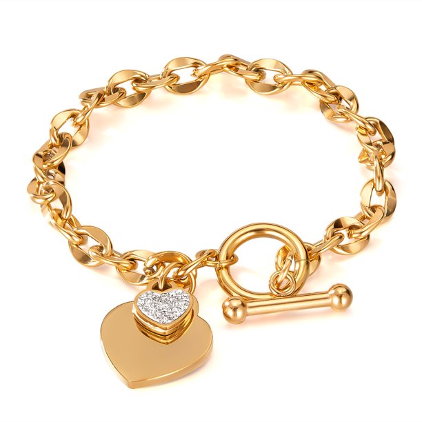 Pulsera de acero inoxidable para mujer con doble corazón, 18 cm