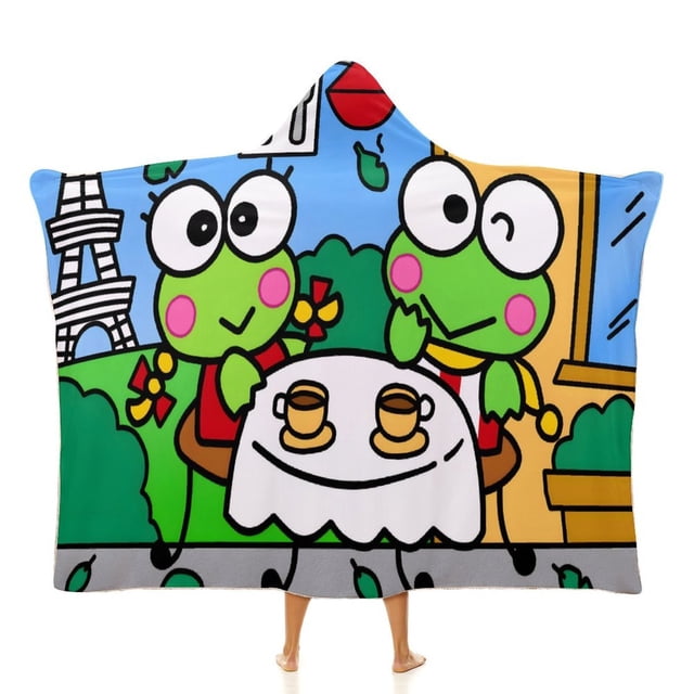Keroppi: Rana Manta Capa con Capucha Anti-Bolitas, Manta de Lana Ártica Suave, Manta Portátil de Felpa Ligera y Lujosa, Poncho para Siesta en Casa y Oficina, 100*130cm