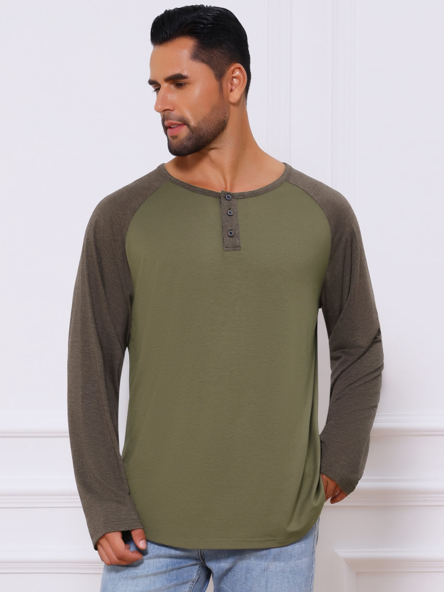 DARING DIVA Men's Raglan Long Sleeve Tee Shirt Baseball Henley T-Shirts S Green Brown