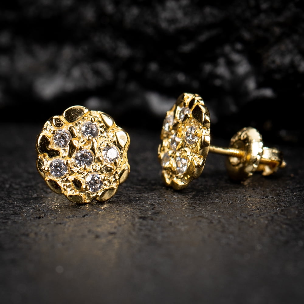 Circle 14K Yellow Gold Plated 925 Sterling Silver Screw Back Post Round Retro 90's Hip Hop Ice Out Cz Solid Gold Nugget Stud Earrings