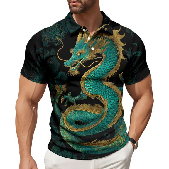 adaychics Three Button Shirts for Men Dragon Print Short Sleeve Graphic Tee Shirts Casual Summer Tops for Vacation Travel