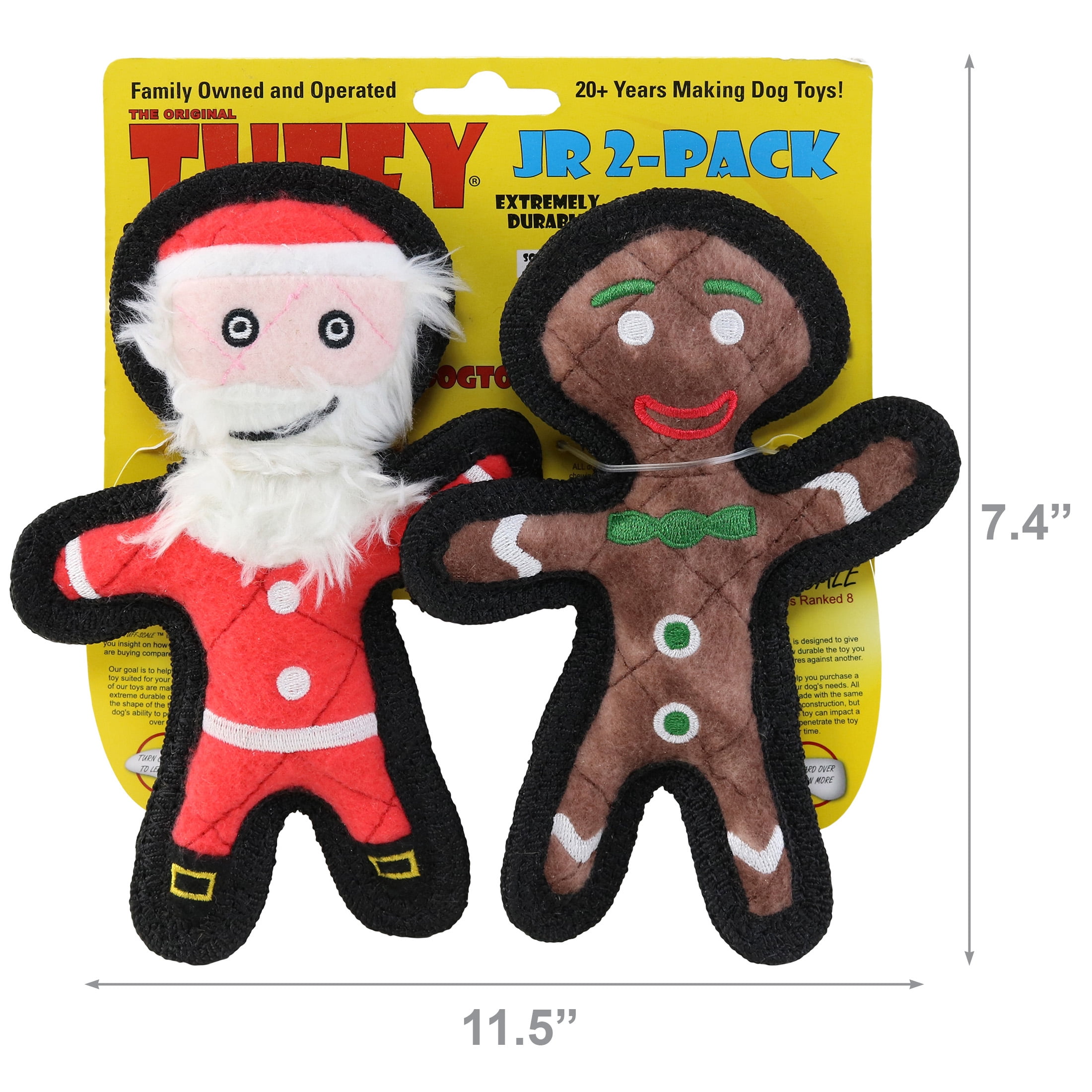 TUFFY Jr Holiday Gingerbread Man and Santa Durable Plush Squeaky Dog Toy, 2-Pack