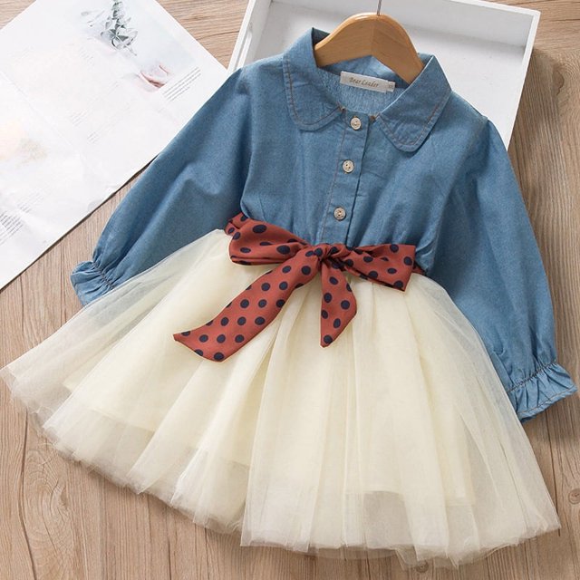 Vestido de moda para niñas de primavera y otoño, linda falda de malla de costura de vaquero + conjunto de cinturón de punta de onda desmontable