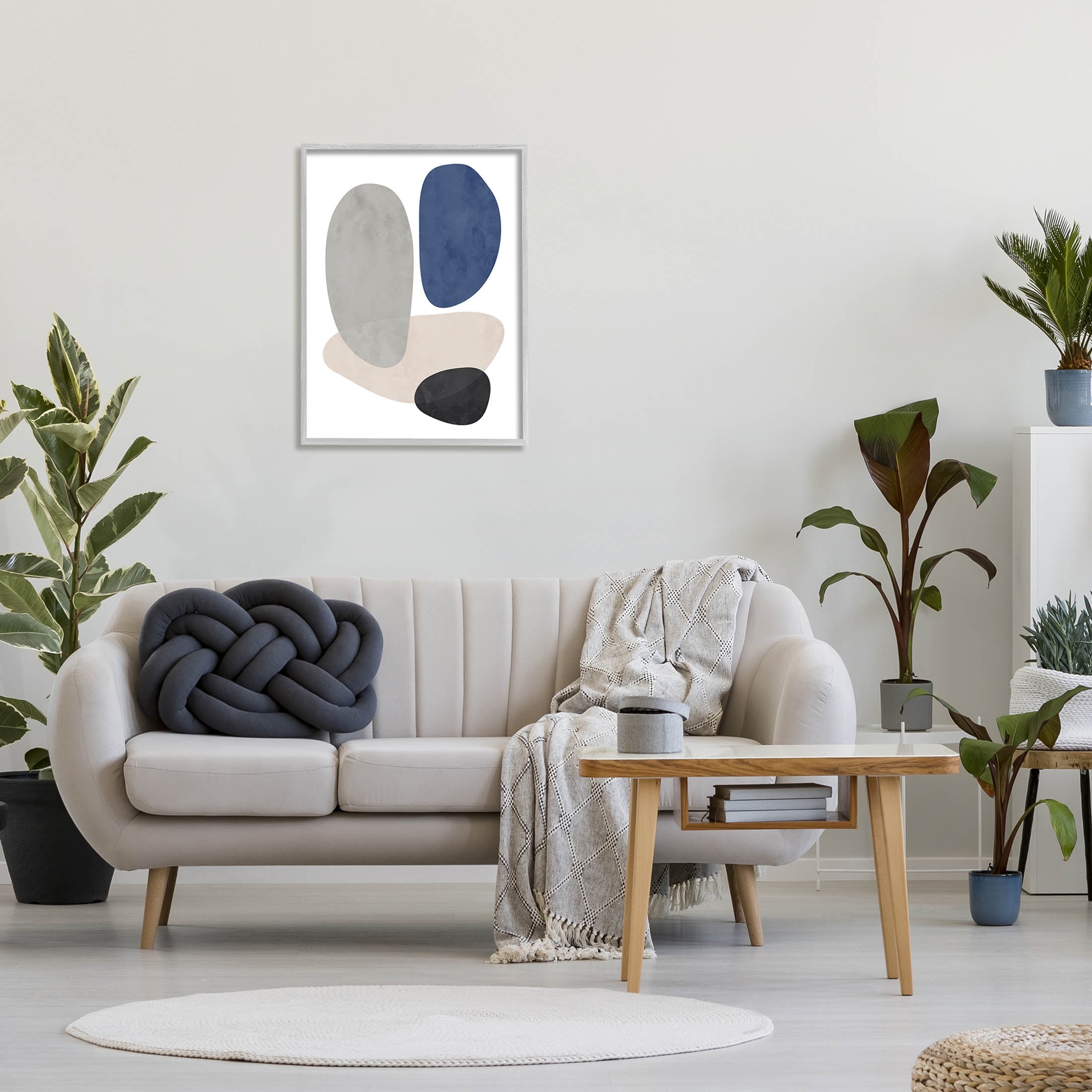 Contemporary Round Blue Accent Abstract Graphic Art Gray Framed Art Print Wall Art