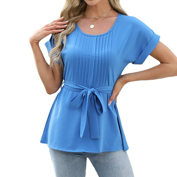 jinghuiyue Women’s Short Sleeve Chiffon Blouses Causal Dressy Pleated Tie Waist Work Office T Shirts Summer Solid Crew Neck Tops S