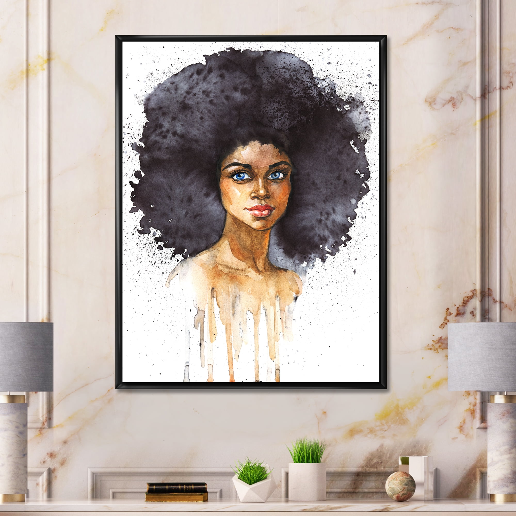 Designart 'Portrait of Afro American Woman X' Modern Framed Canvas Wall Art Print