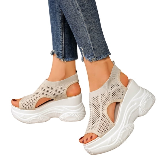 Rokment Women's Orthopedic Walking Sandals Breathable Comfortable Stretchy Mesh Platform Wedge High Heels Slip on Nursing Orthotic Summer Shoes Beige Size 6