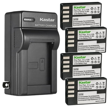 Kastar 4-Pack Battery and AC Wall Charger Replacement for Pentax D-Li109 Battery Pentax D-BC109 Charger Pentax K-R KR K-30 K30 K-50 K50 K-70 K70 K-500 K500 K-S1 KS1 K-S2 KS2 KP KF Camera