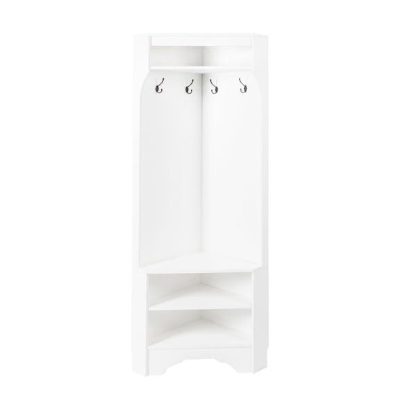 S-HOME White Corner Hall Tree with Shoe Bench 29.5''W*71.6''H, Space-Saving Entryway Solution with Coat Hooks and Shelf