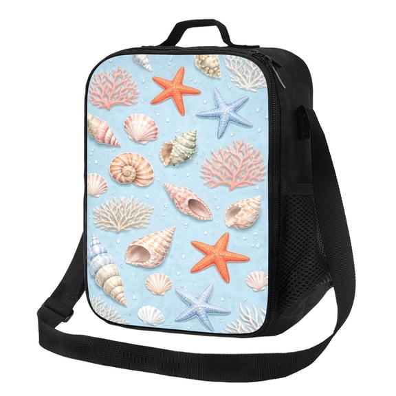 Coastal Seashell Ocean Starfish And Shell Lunch Bag Insulated Thermal Box with Shoulder Strap & Handle for Work and Picnic